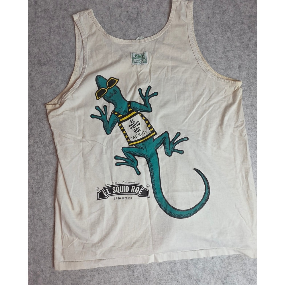 Vintage El Squid Roe Cabo Mexico Tank Top Cream Teal Lizard 90s Y2K XL